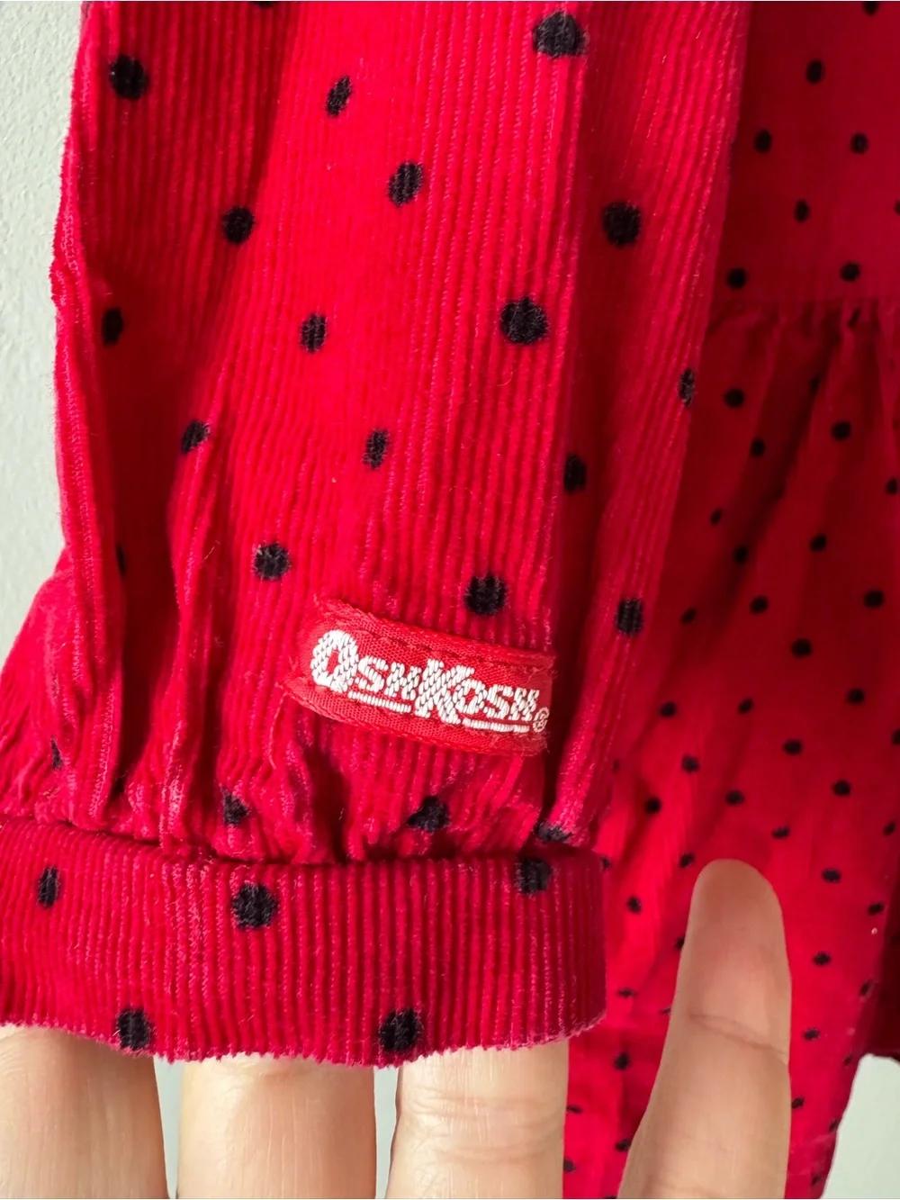 Vintage Osh Kosh B’Gosh‎ Red Corduroy Black Polka Dot Bow Dress Paper Tag Size 4